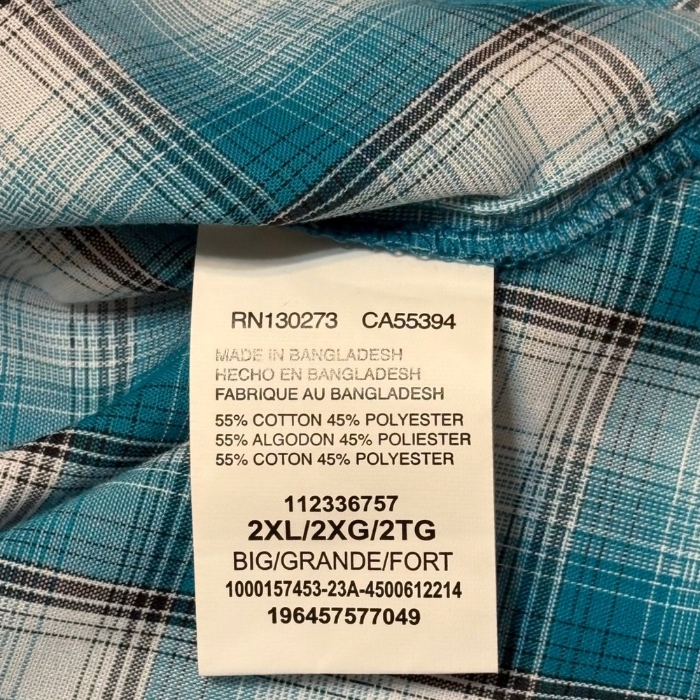Wrangler Western Shirt Mens 2XL Big Teal Blue Plaid Pearl Snap Short Sleeve NEW - Picture 6 of 9